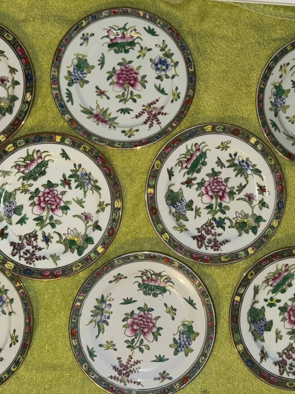 Vntg ACF Japanese Porcelain Plates in Hong Kong Famille Rose Floral Set of 18